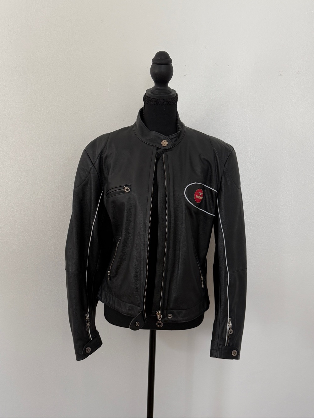 Black Leather Performance Jacket with Red Chest Accent